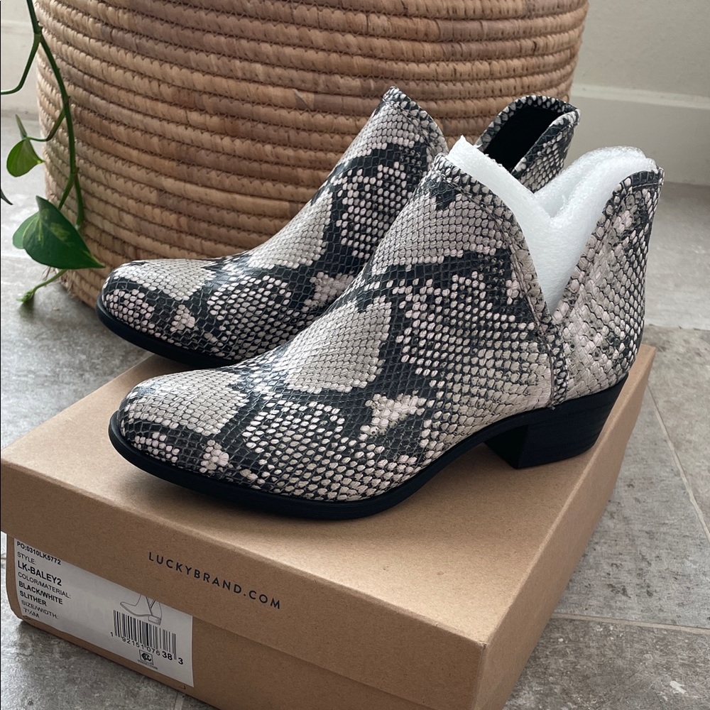 Lucky Brand Snake Print Ankle Booties - Black and Cream